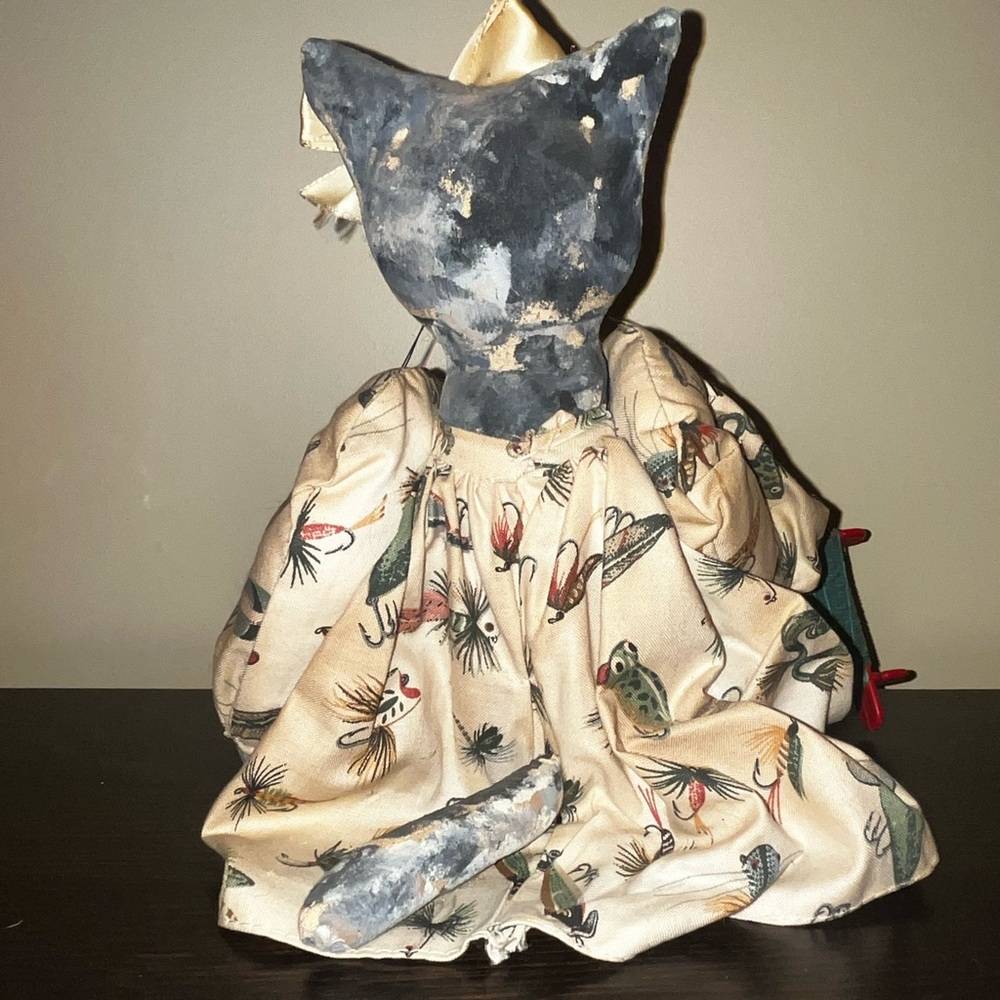 Vintage Folk Art Doll Cat Toy Handmade Fishing Theme - Picture 7 of 11